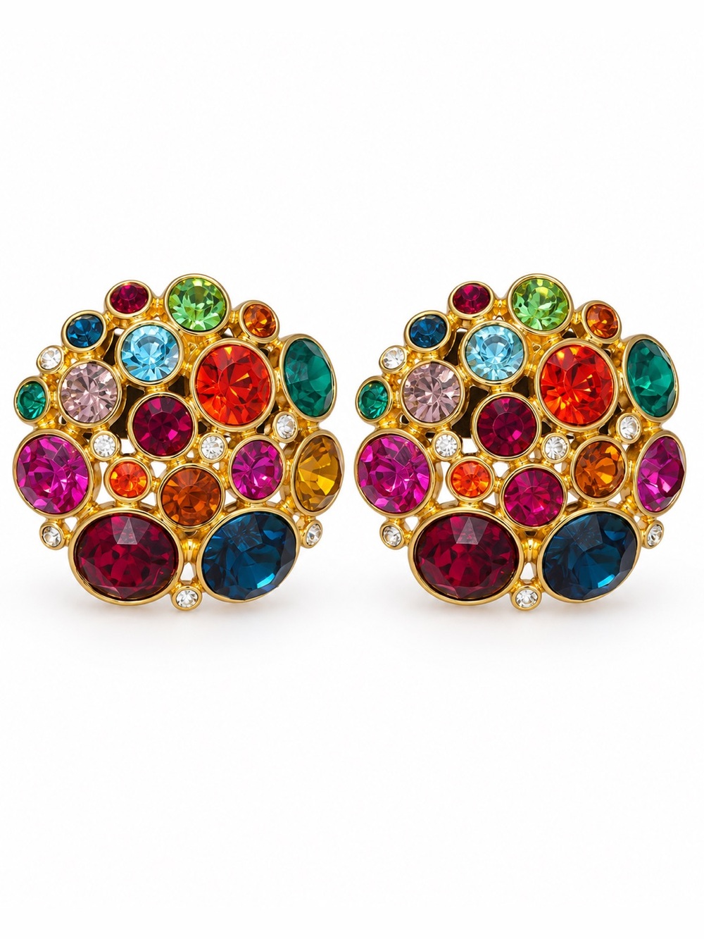 Blanca Multicolor Crystal Cluster Gold Tone Clip-On Statement Earrings